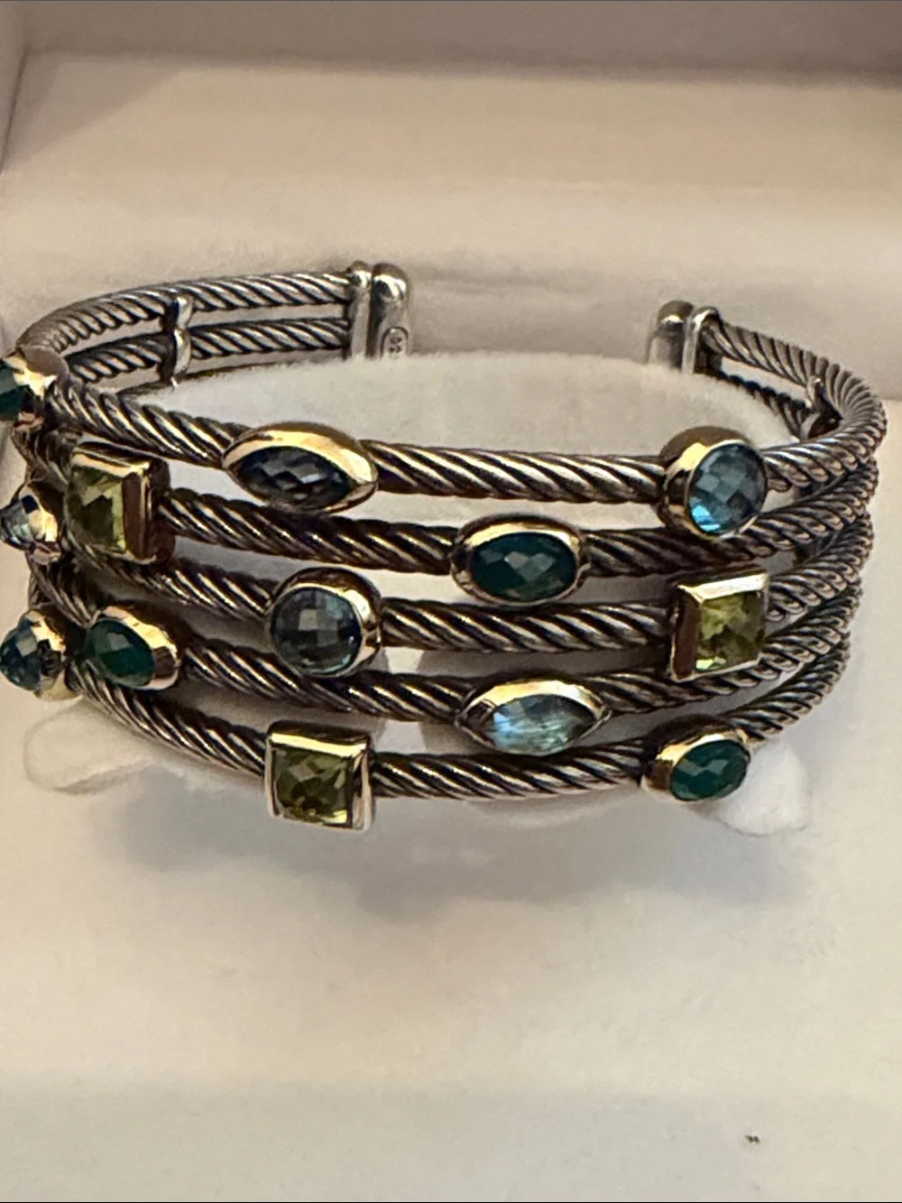 David Yurman Multi-Row Cable Bracelet with Blue and Green Gems - Picture 1 of 5